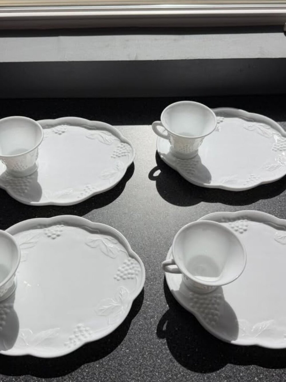 Vintage White Milk Glass Snack Set – 4 Cups & 4 Grape Pattern Plates - Picture 3 of 8